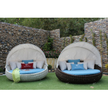 Poly Rattan Round Sun Lounger With Canopy For Outdoor Garden